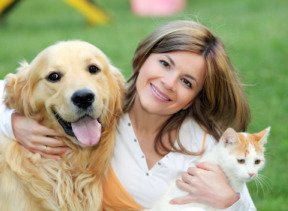 Dog bakery business owner with golden retriever dog and cat